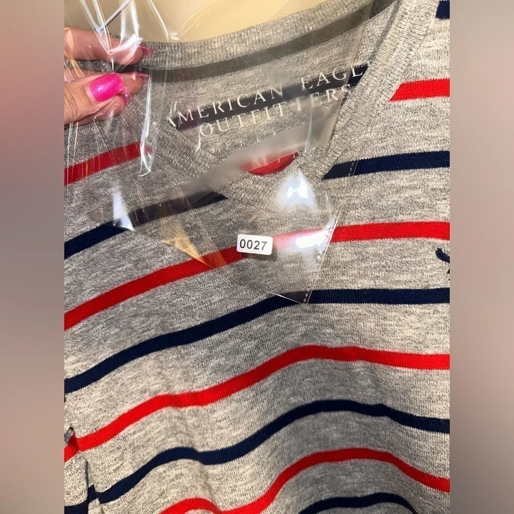 American Eagle Cotton V-Neck Sweater - Grey with Red & Blue Stripes - Size M